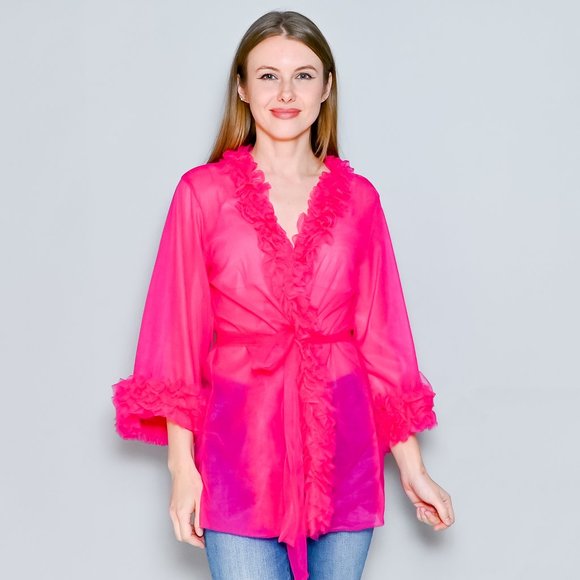 Amanda Uprichard Other - AMANDA UPRICHARD Pink Sheer Mesh Ruffle Robe